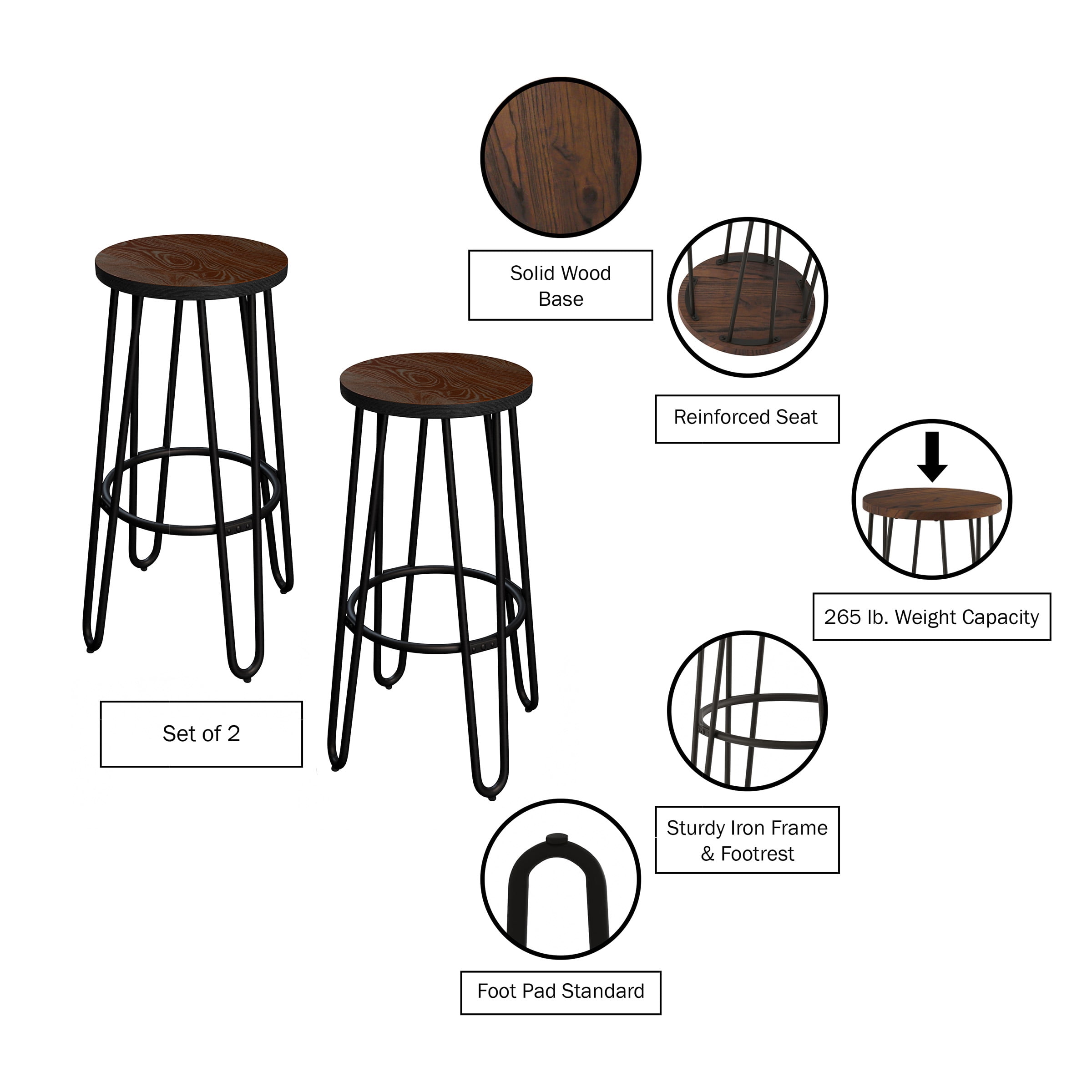 Lavish Home Set of Two 24-Inch Backless Bar Stools with Hairpin Legs