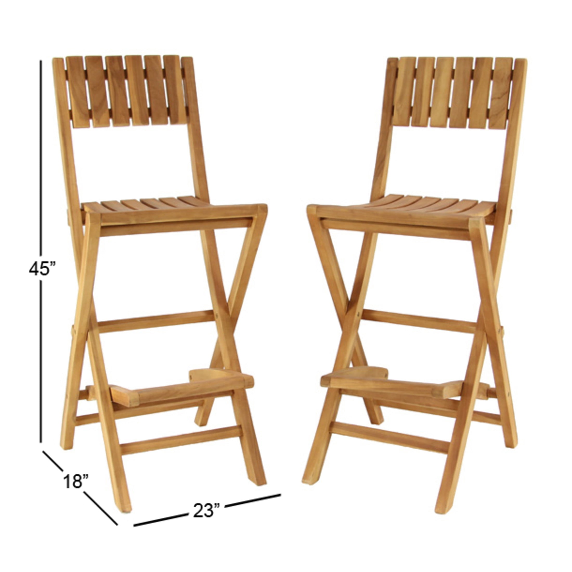 DecMode Teak Wood Indoor Outdoor Slatted Folding Bar Stool with Footrest, Brown, Set of 2
