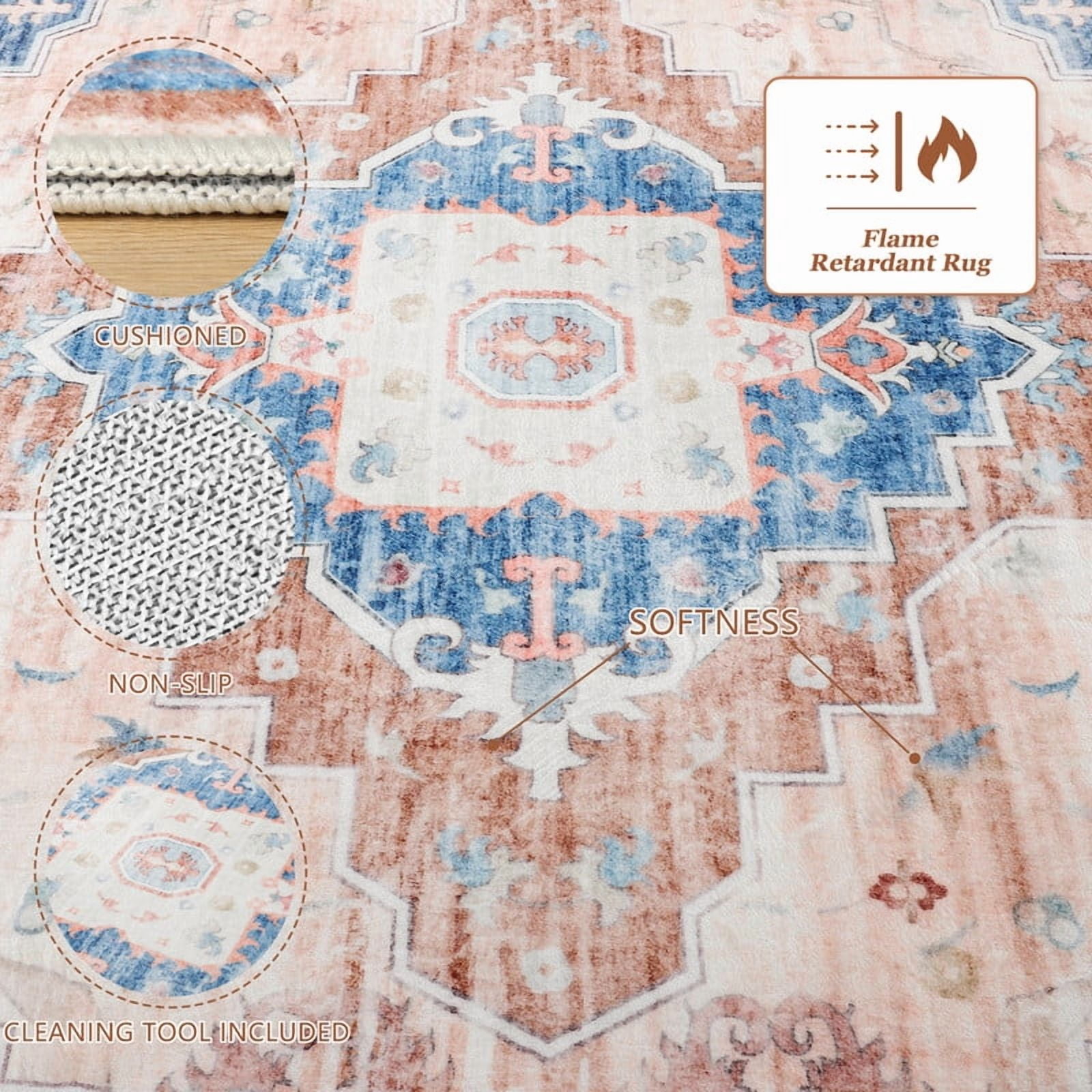 FULIE Bohemian Area Rug 6'x9'Rug Machine Washable for Living Room/Dining Room/Bedroom,Blue