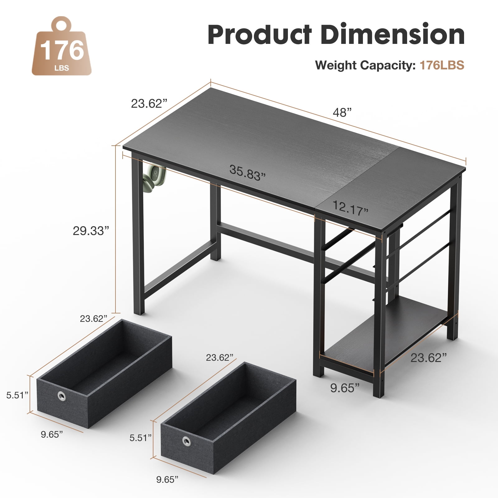 GIANNA 48 Inch Computer Desk, With 2-Tier Drawers Storage Shelf, Side Headphone Hook, Black