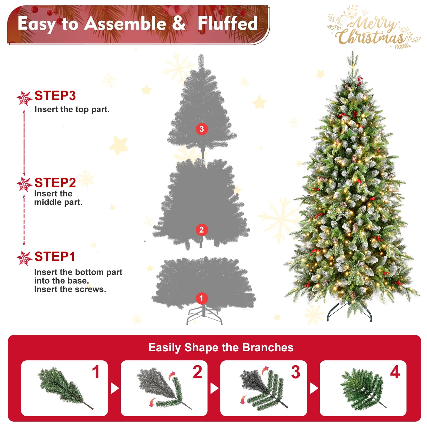 Alvantor 6ft Pre-Lit Christmas Tree Artificial Tree with 1264 Tips & 380 LED Lights & Pine Cones for Indoor Holiday Decoration Green