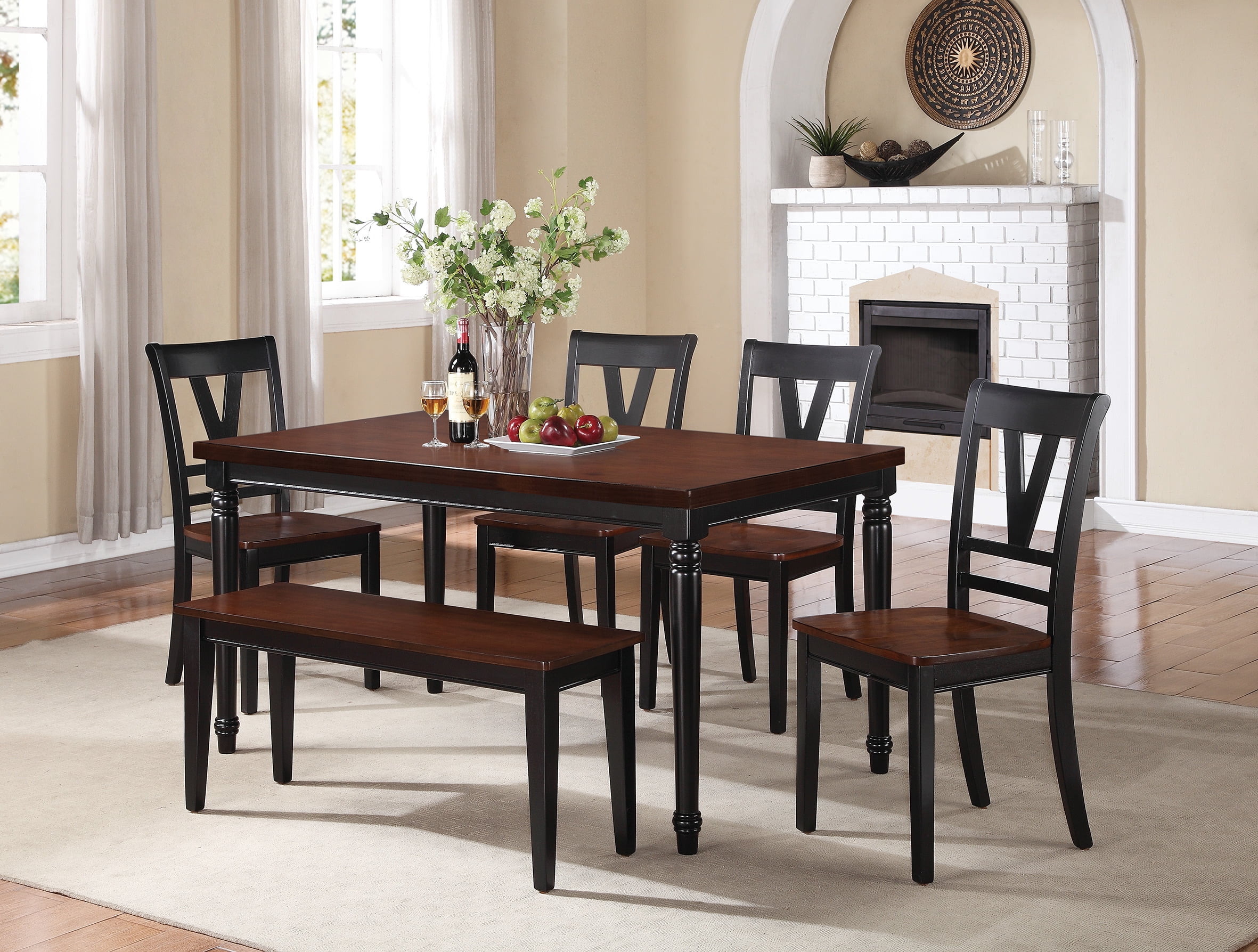 Modern Country Style 6pc Dining Set Black Finish Cherry Wood Top Dining