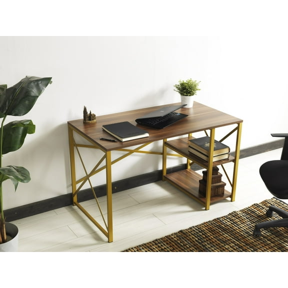 47 Inch White Wood Desk with Gold Metal Frame and 2 Shelves