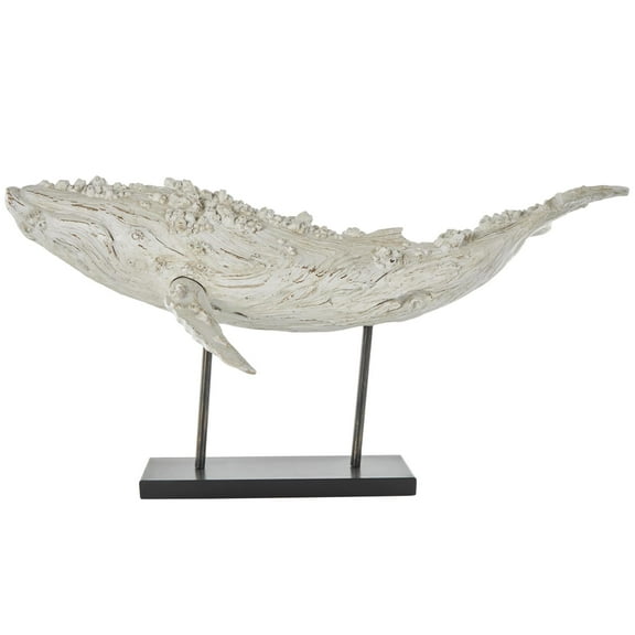 32" x 16" Cream Polystone Textured Whale Sculpture with Brown Distressing and Black Metal Stand, by DecMode