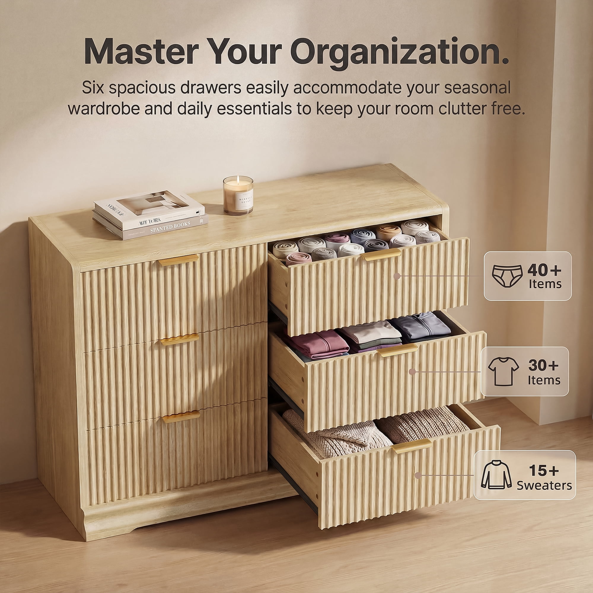 Homall Fluted 6 Drawers Dresser for Bedroom, 48" Modern Chest of Drawers with Metal Handle, Wood Closet Storage Organizer for Living Room, Natural