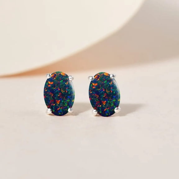 GemEmoprium Oval Cut Stud Black Opal Earrings 6 ct. t.w. 925 Sterling, Sterling Silver