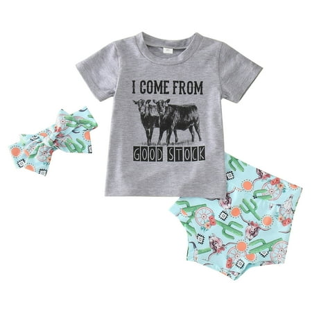 

Kids Toddler Baby Girl Clothes Short Sleeve Letter Tops Cartoon Print Shorts With Headbands Outfits Summer Outfits