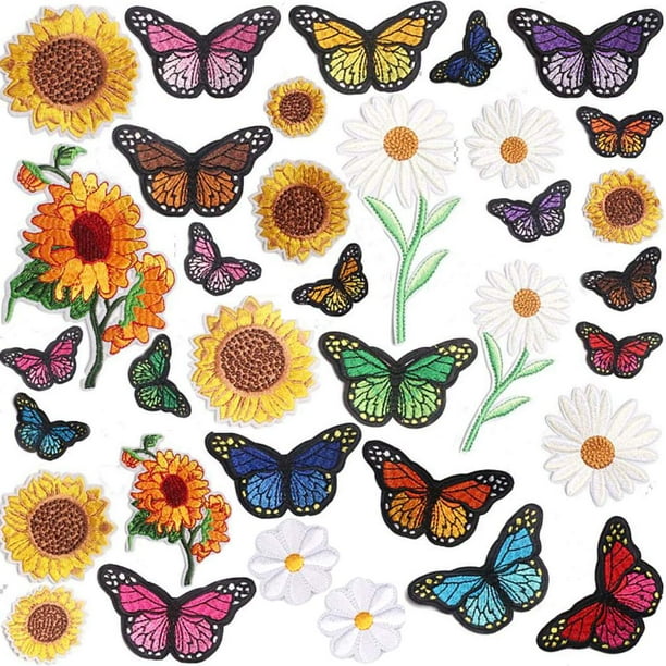 Parche bordado para planchar para ropa, 35 piezas, juego de parches para planchar con mariposas y girasoles, decoración bonita bordada de gran tamaño