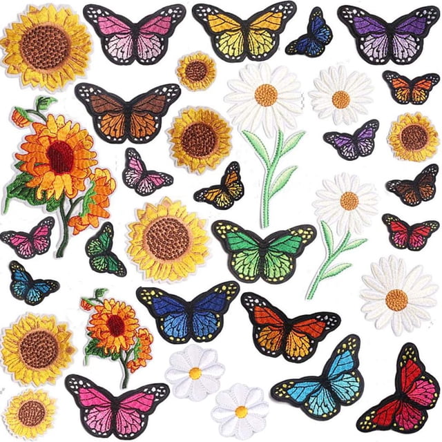 Parche bordado para planchar para ropa, 35 piezas, juego de parches para planchar con mariposas y girasoles, decoración bonita bordada de gran tamaño