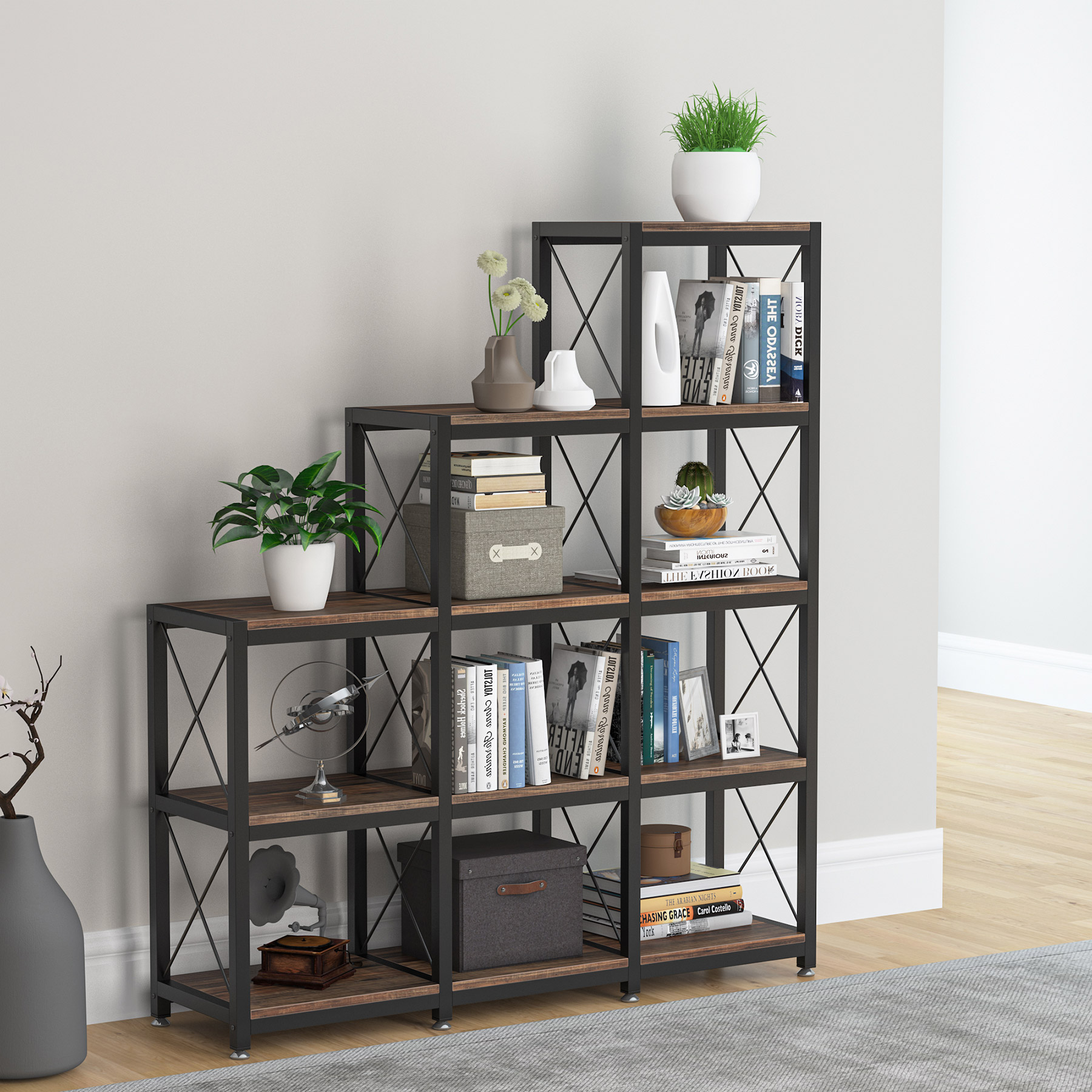 Tribesigns 12-shelf Bookcase, 5-tier Industrial Step Bookshelf for Home Office, Rustic Brown - image 2 of 7
