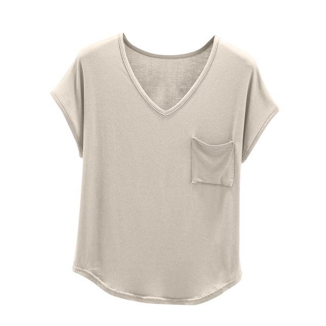 Admvng Trendy Tops For Women 2025 Solid Color V-neck Short Sleeved With Pocket M-2XL