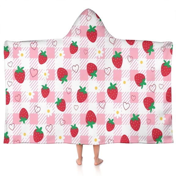 Strawberry Plants Fruit Heart Daisy Checkered Hooded Bath Towel,50"x30" for Ages 3 To 12 Kids, Quick Dry Lightweight Soft Microfiber Hood Beach Towel Cover Up for Kids