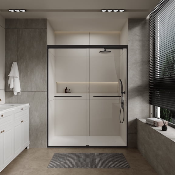 56"-60" Adjustable Width Double Sliding Shower Door - Semi-Frameless Bathtub Enclosure with Tempered Glass, Matte Black Aluminum Frame, Easy DIY Installation for Standard Tubs
