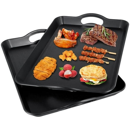 Large Melamine Serving Trays, Serving Tray with Handles, Rectangle Serving Platter for Entertaining, Party, Buffet, Coffee Table Tray, Black, 16.6*11.4*1.4 Inch, 2 Pcs