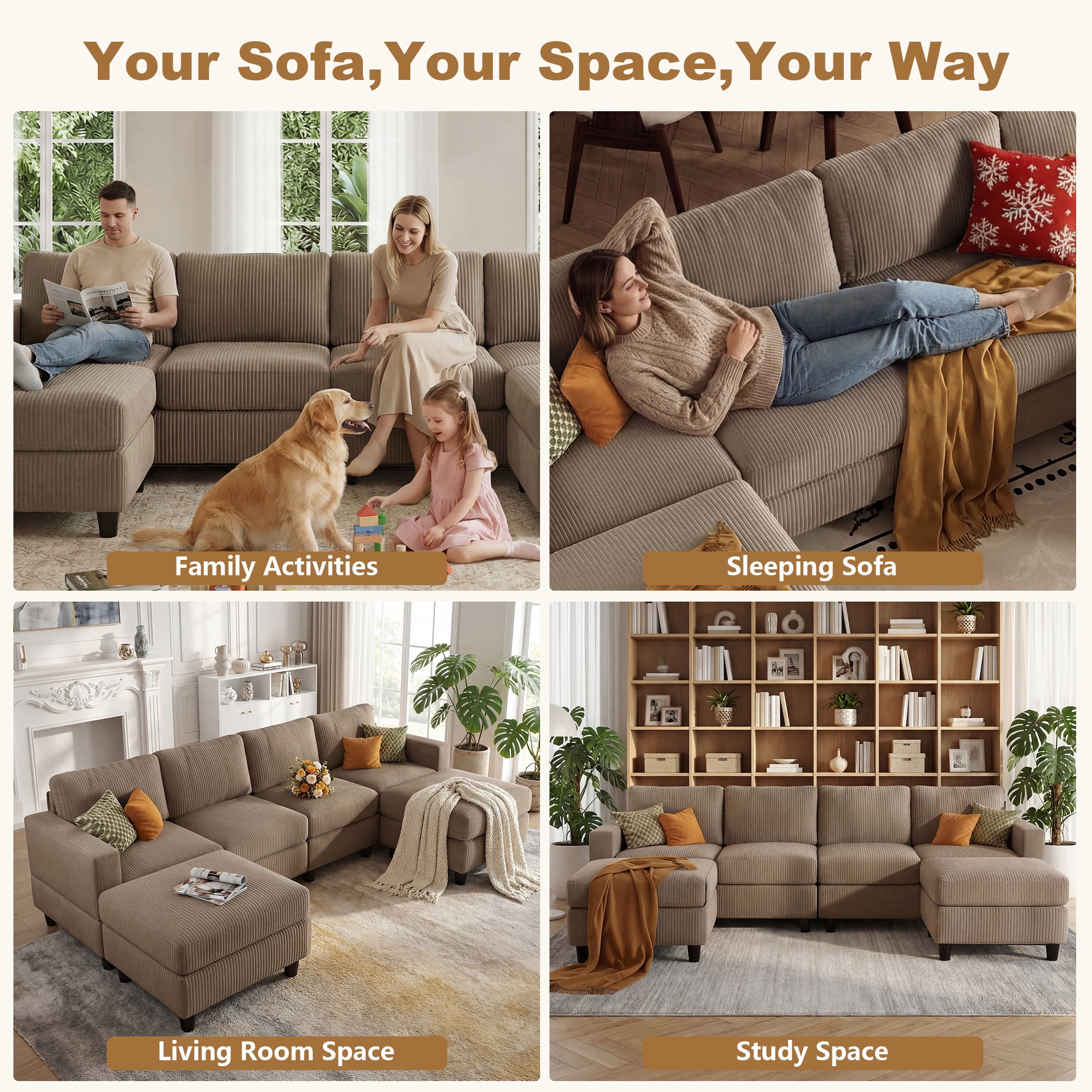 Aukfa 101" Corduroy U-Shaped Sectional Sofa with 2 Ottomans, 6-Seater Cloud Couch, Camel
