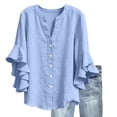 thumbnail image 2 of Xdegoge Linen Button Down Shirts for Women V Neck Three Quarter Ruffle Sleeve Elegant Workwear Going Out Relaxed Fit Solid Plain Design Flowy Stretchy Spring Tops, 2 of 7