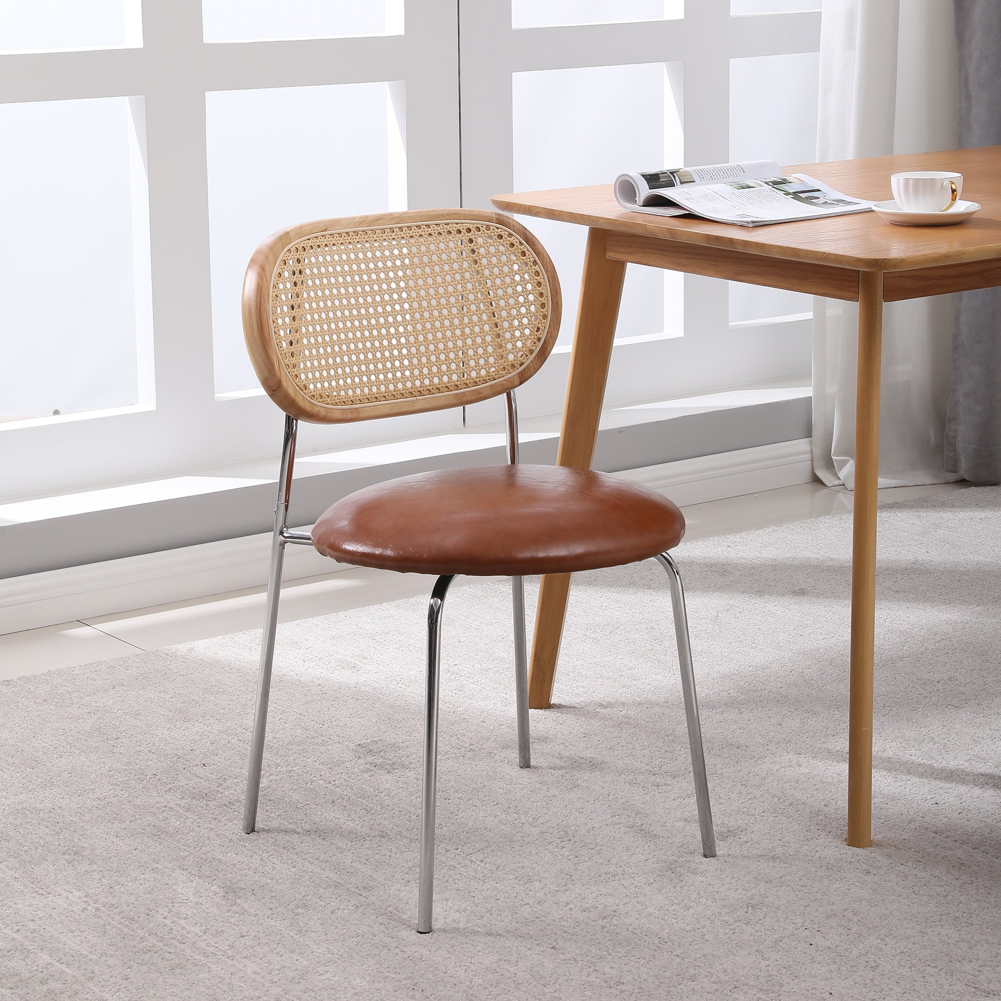 Kadyn PU 2pcs Dining Room Chairs with Rattan Backrest for Kitchen, Brown Kitchen Chairs Kadyn PU 2pcs Dining Room Chairs with Rattan Backrest for Kitchen, Brown Kitchen Chairs