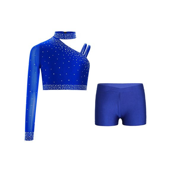 iiniim Kids Girls Gymnastic Ballet Jazz Hip Hop Dance Outfits One Shoulder Long Sleeve Sequins Crop Tops and Shorts Set Blue 10