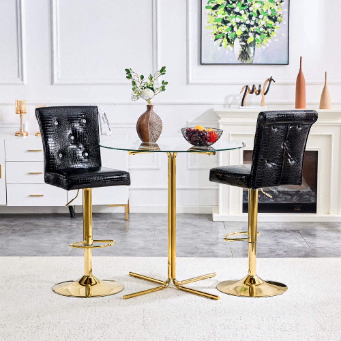 Set of 2 Vintage Bar Stools, Faux Crocodile Leather Chairs with Crystal Button Details, Upholstered Kitchen Island & Bar Seating, Black & Gold