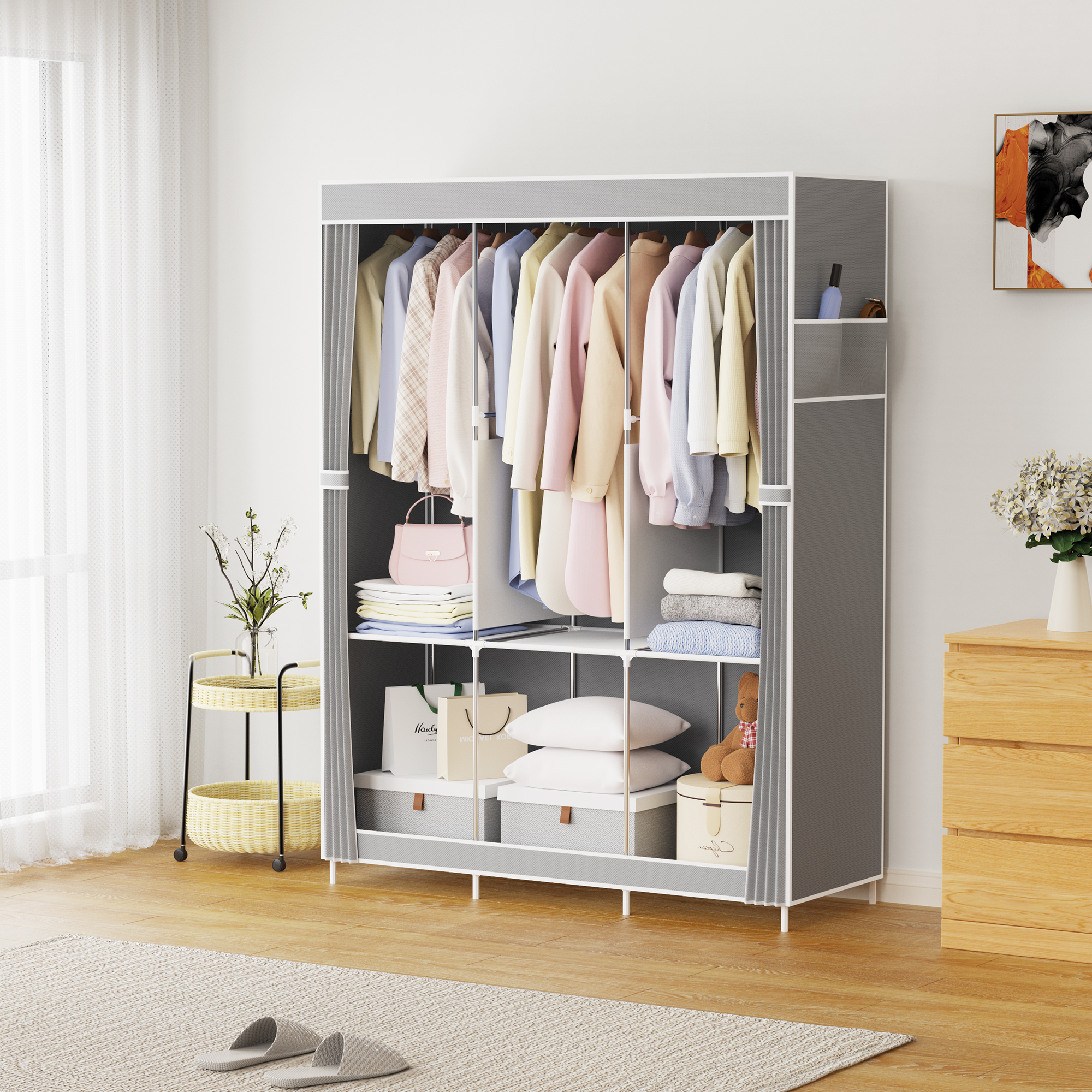 Riousery Portable Closet Wardrobe for Hanging Clothes  6 Storage Organizer Shelves Closet for Bedroom Free Standing Clothes Rack with Cover, Grey - image 3 of 7