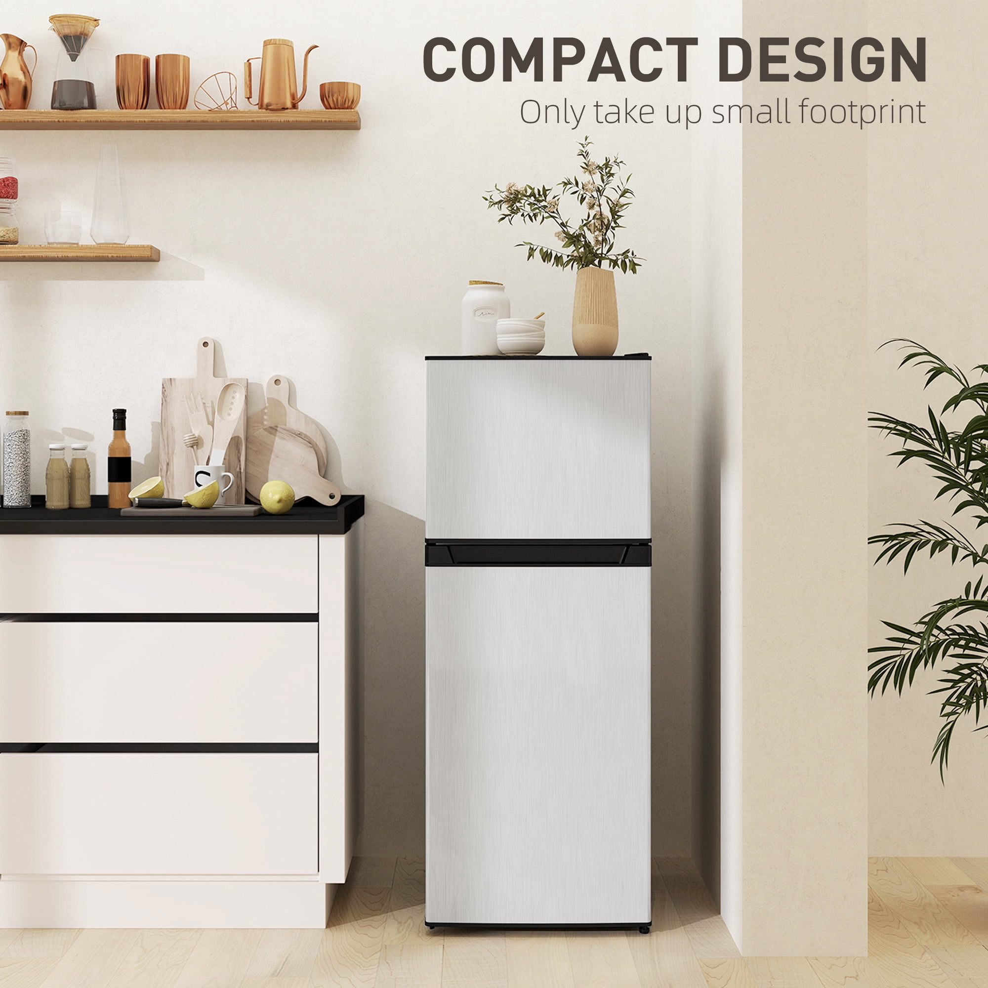HOMCOM Small Fridge with Freezer, 4 Cu Ft Refrigerator with Shelves, Silver