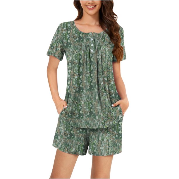 Conjunto de Ropa de Salón de las Mujeres Impreso Cuello Redondo Manga Corta Superior Y Pantalones, Ropa de Casa Suave Dos Piezas