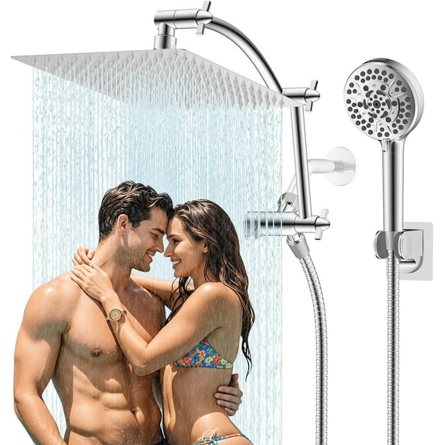 Pommeau de Douche Tout en Métal ‘‘ Pommeau de Douche Haute Pression Pluie / Combo Pommeau de Douche à Main avec ‘‘ Bras Extensible Réglable en Arc ‘‘ Support de Pommeau de Douche Adhésif Chrom