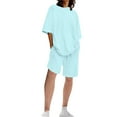 thumbnail image 1 of Yuyuzo Women's 2 Piece Outfits Eyelet Half Sleeve Oversized Top Drawstring High Waisted Shorts with Pockets, 1 of 4