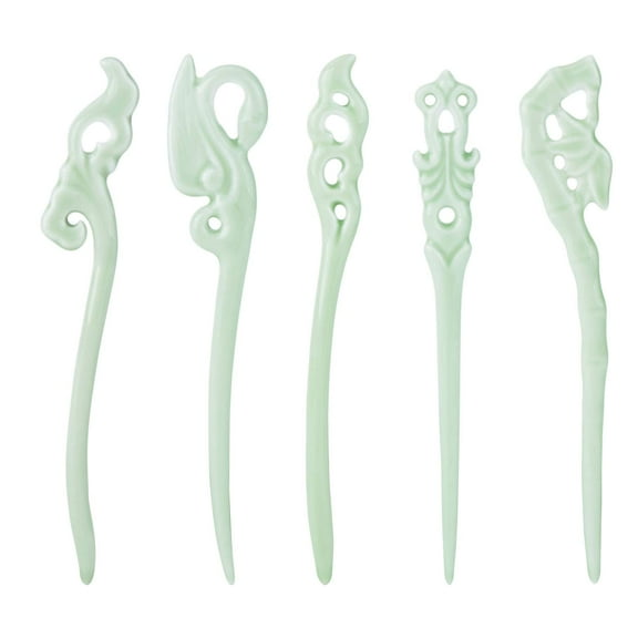 5 Pack Vintage Retro Ancient Chinese Japanese Aqua Green Ceramics Stone Hair Sticks Chopsticks for Hair Pins Picks Carved Long Horn Fork Hairpins Clips Barrettes for Bun Thick Hair