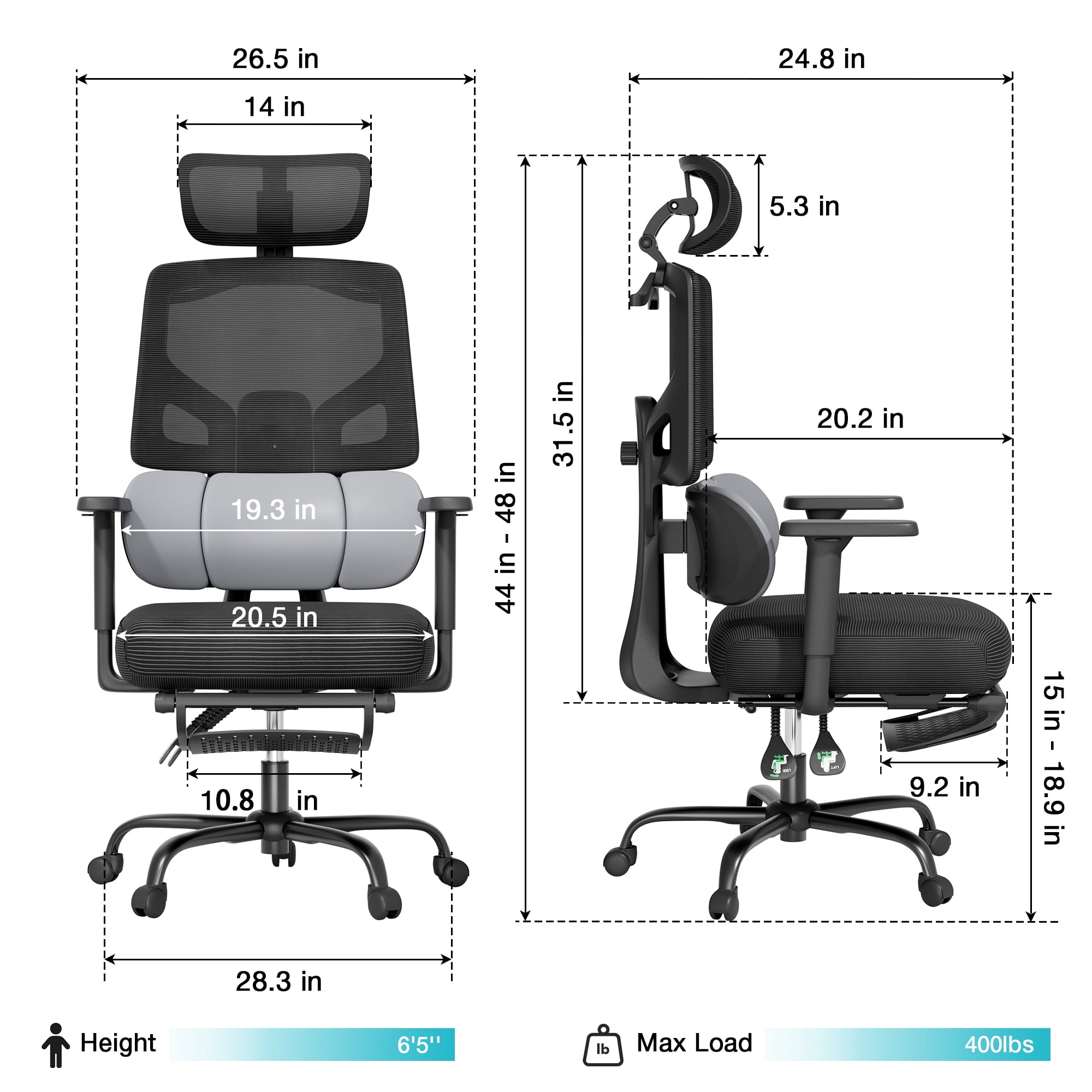 Mr IRONSTONE Ergonomic Office Chair with Footrest, Heavy Duty 400lbs Mesh Desk Chair with 3-Zone Lumbar Support, 145 Degree Reclining Computer Chair with Multi-Axis Armrests, Black