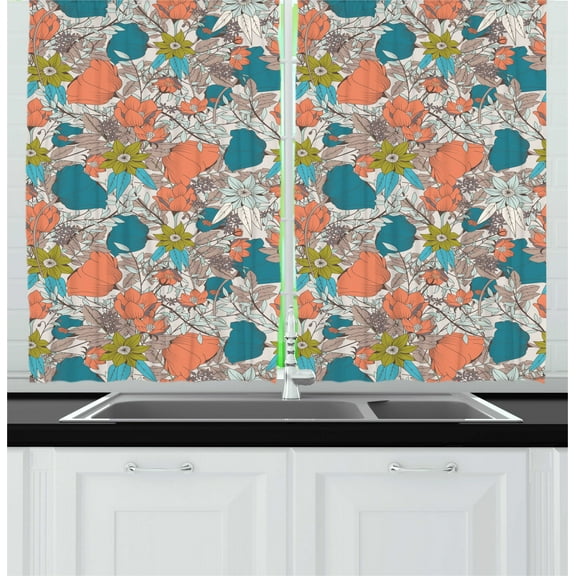 Spring Curtains 2 Panels Set, Flower Composition Garden Art Themed Design Tulips Poppy and Foliage Illustration, Window Drapes for Living Room Bedroom, 55W X 39L Inches, Multicolor, by Ambesonne