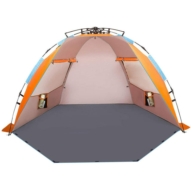 Oileus X Large 4 Person Beach Tent Sun Shelter Portable Sun Shade Instant Tent for Beach with Carrying Bag Stakes 6 Sand Pockets Anti UV for Fishing Hiking Camping Waterproof Windproof Orange
