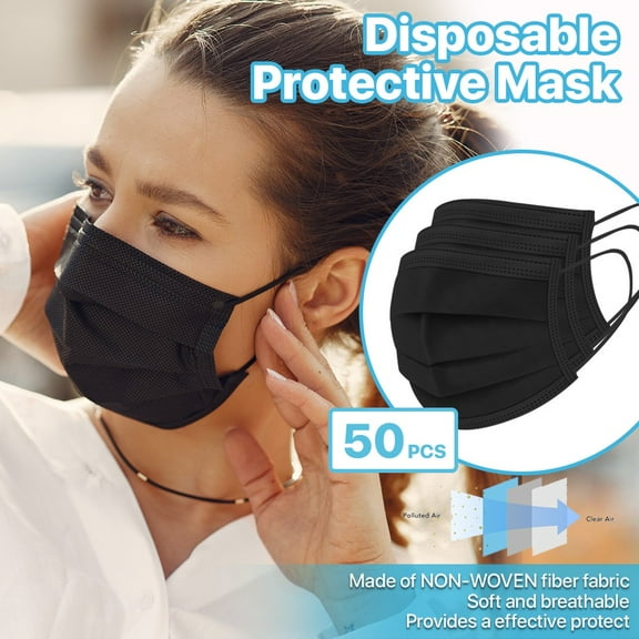 CQAOE Black Disposable Face Masks 50PCS, 3-Ply Breathable Non-Medical Masks for Daily Use, Comfortable Earloop Masks for Adults, Dust Protection