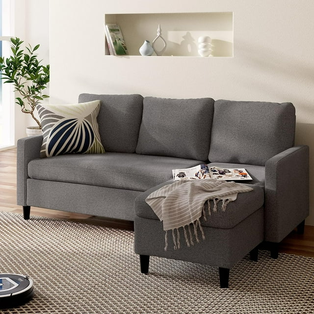 Canapé Sectionnel Convertible Hudson, Méridienne Réversible et Ottoman Inclus, Assemblage Facile, Gris Moyen