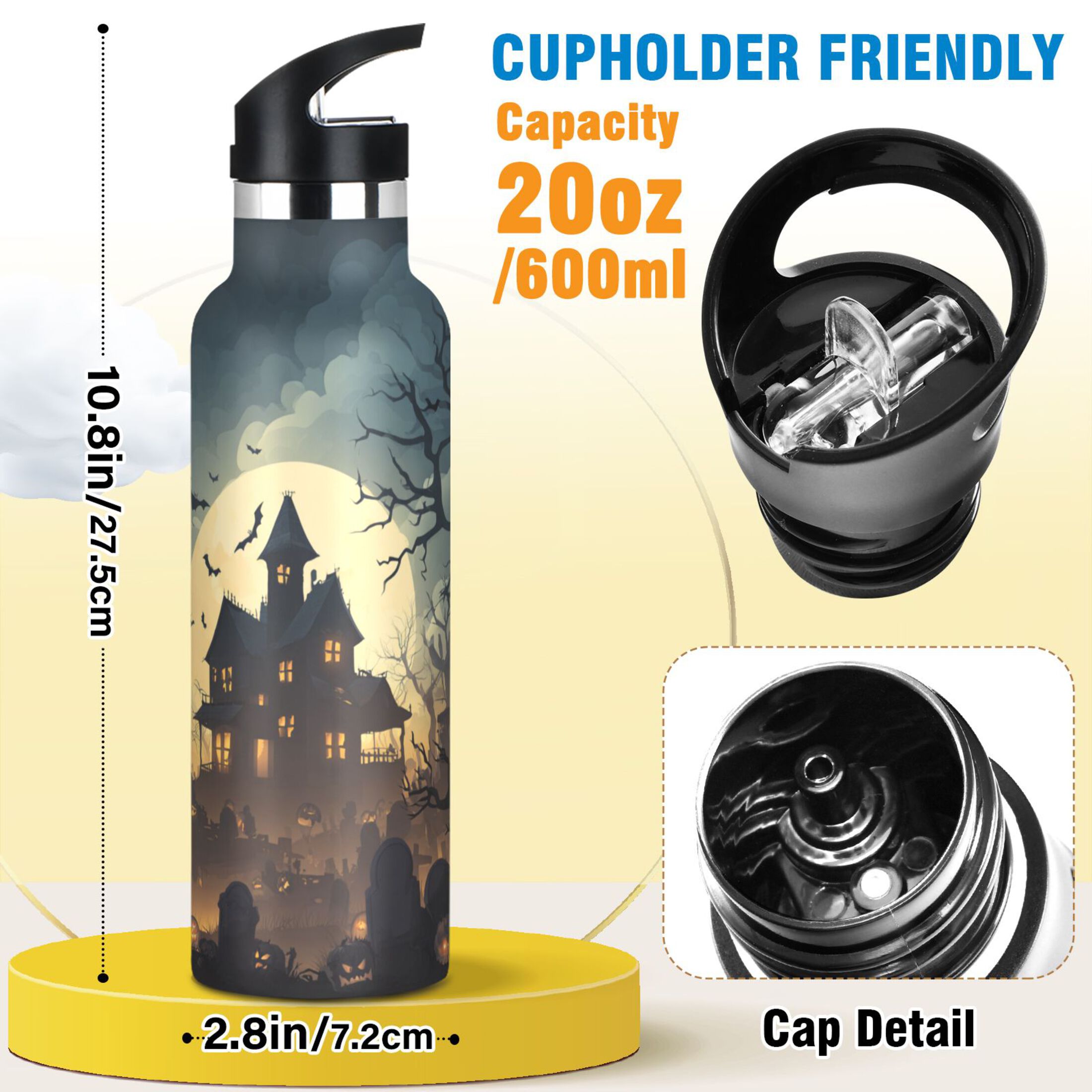 Kids Insulated Stainless Steel Sports Water Bottle 600ml (20oz) Spooky Haunted House
