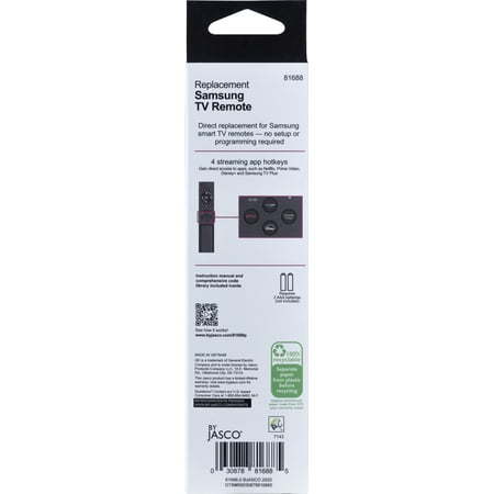 GE Replacement Remote 81688 for Samsung Smart TVs - Easy Setup