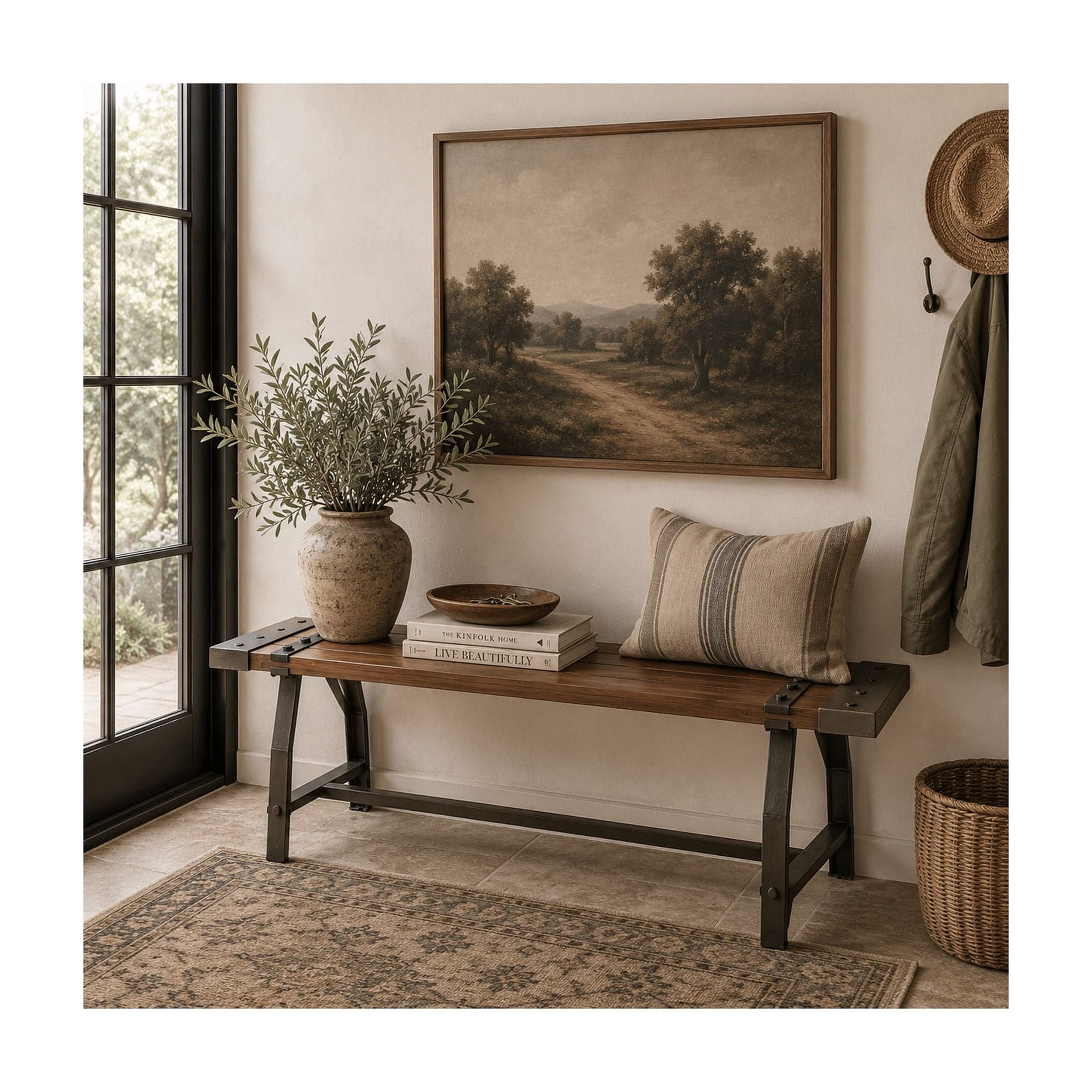 DecMode Wood Slatted Bench with Black Metal Base and Studs, Brown