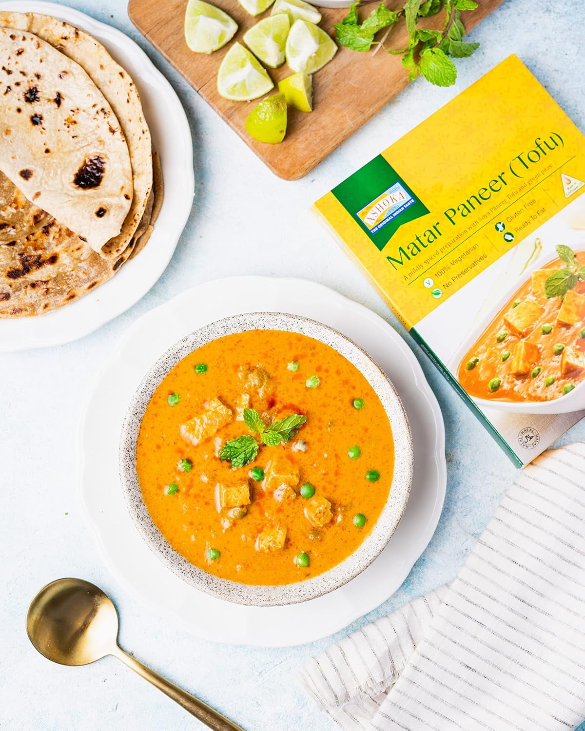 Ashoka Heat & Eat Meals 1932, Plant-Based Tofu & Green Peas Curry, Gluten-Free On the Go Meals, Kosher Certified, All-Natural Matar Paneer, Microwave Friendly with No Preservatives, Pack of 6