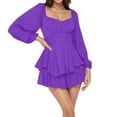 thumbnail image 2 of Blczomt Purple Dresses for Women Plain Mini Puff Sleeve Flowy Dress Ruffle Double Layer Square Neck Dresses, 2 of 7