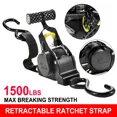 thumbnail image 2 of Retractable Ratchet Straps 1" x 10',Tie Down Strap 1500lbs Break Strength S-Hook, 2 of 16