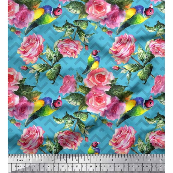 Soimoi Cotton Duck Fabric Bird,Leaves & Rose Floral Printed Fabric 1 Yard 42 Inch Wide