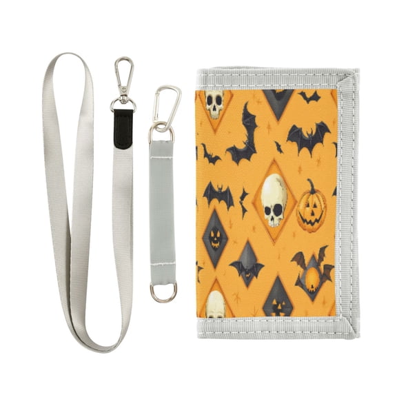 Cloth Wallet with Lanyard & Multiple Compartments Fashion Purse Zipper Clutch Bag for Cash Cards Coins Halloween Pumpkin and Bats Design