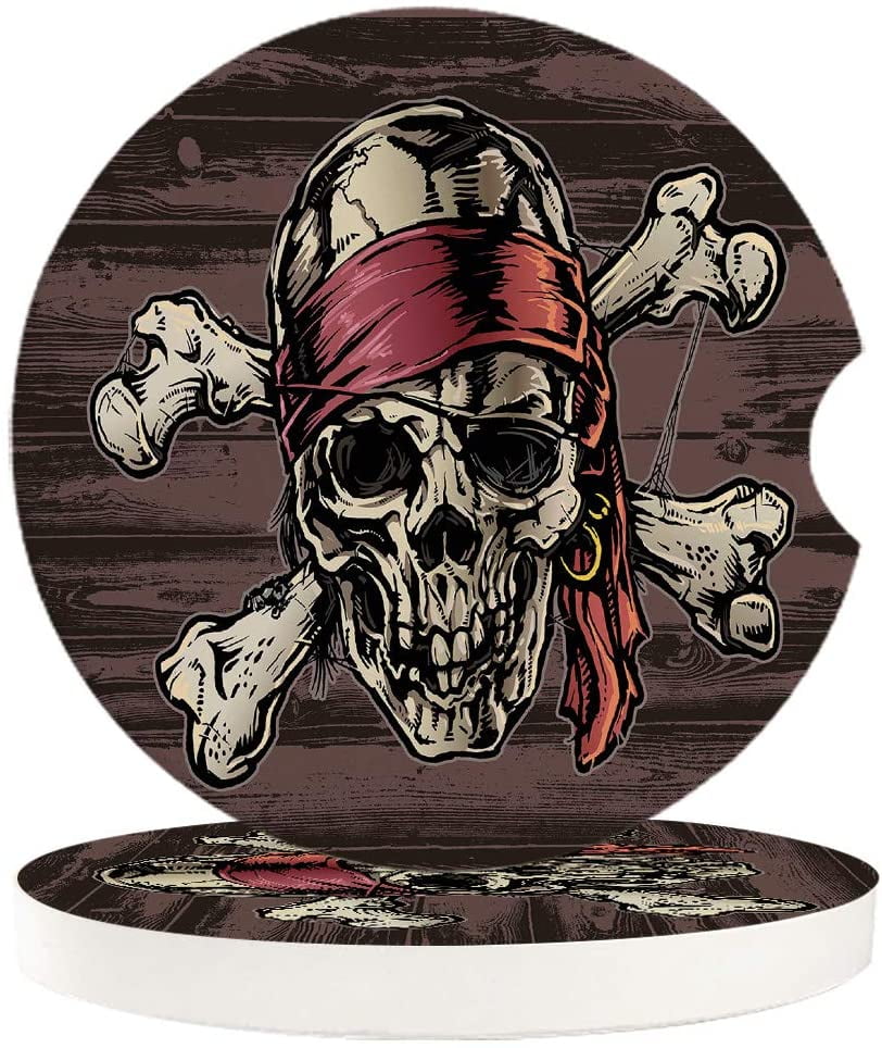 Absorbent Ceramic Stone Drink Coaster with A Finger Notch for Easy Removal of Auto Cupholder Car Cup Holder Coasters Set of 4 Dead Pirate Skull Crossbones Red Bandana Scary Bandit Icon Piracy 
