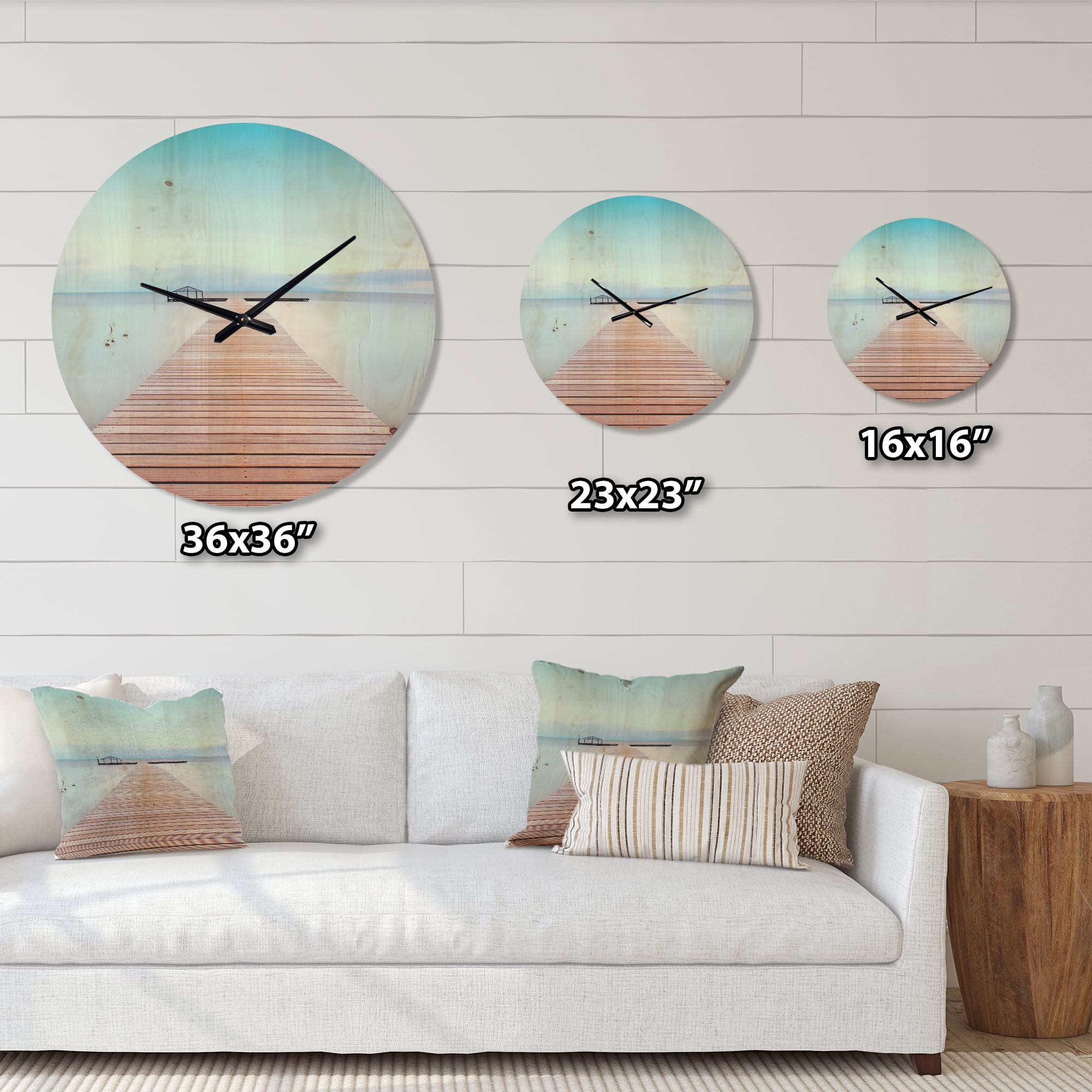 Designart 'Wooden Pier On Lake in Cold Atmosphere ' Modern Wood Wall Clock