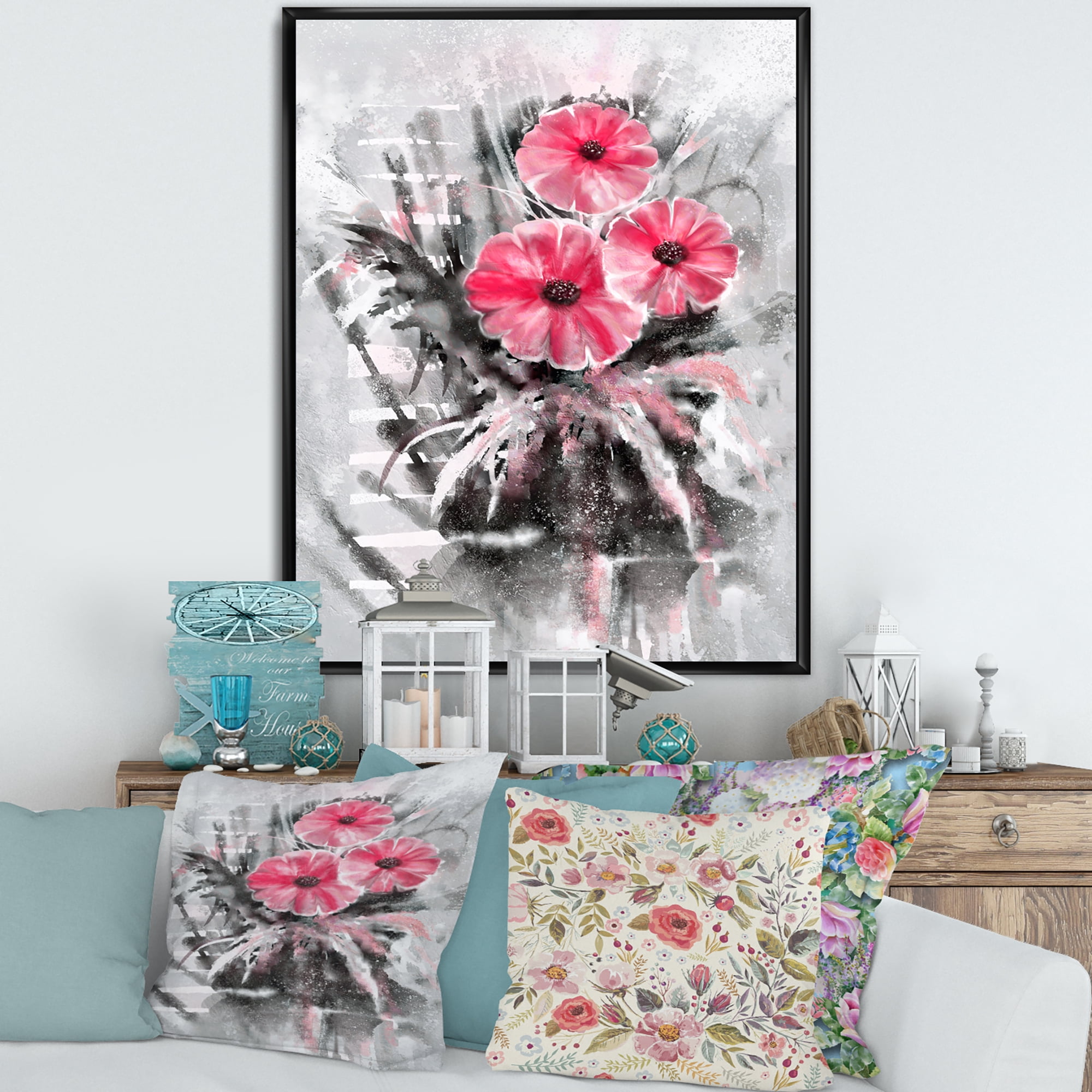 Designart 'Abstract Red Flowers On Gray Background' Traditional Framed Canvas Wall Art Print