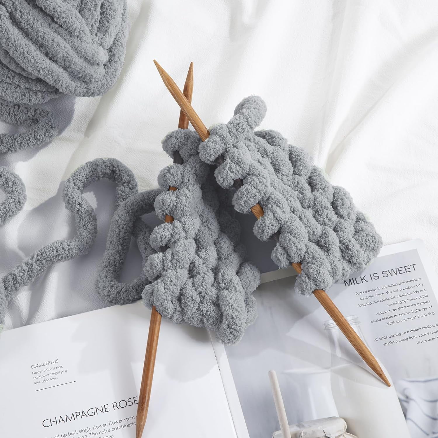 2 Pack Chunky Chenille Yarn for Crocheting, Bulky Thick Fluffy Yarn for Knitting, Bulky Chunky Yarn for Hand Knitting Blanket, Super Soft Plush Yarn (27yds Each Skein)-Gray