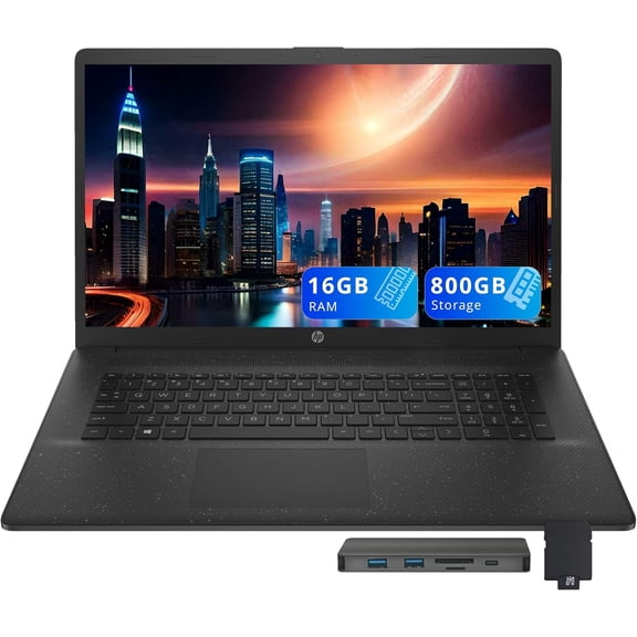 HP 17.3" HD Business Laptop, Intel Core i7-1255U, 16GB RAM, 800GB Storage (512GB SSD 288GB Docking Station Set), Intel Iris Xe Graphics, Full Size Keyboard, Win 11, Black