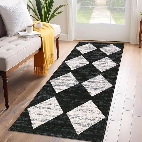 Kitchen Runner Rug Black Washable Rug for Front Door Entryway Hallway Distressed Checkered Mat Low Pile Neutral Area Rugs Non Slip Farmhouse Rugs 2x6