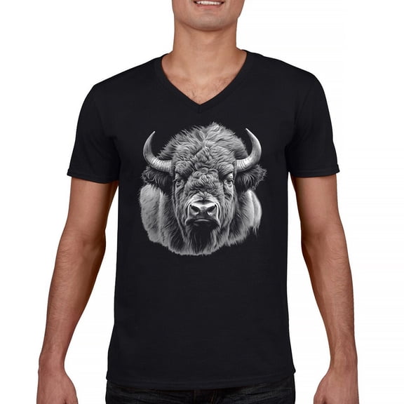 Bison Portrait V-Neck T-shirt American Buffalo Head Western Wildlife Nature Majestic Bull Symbol of Strength Tee