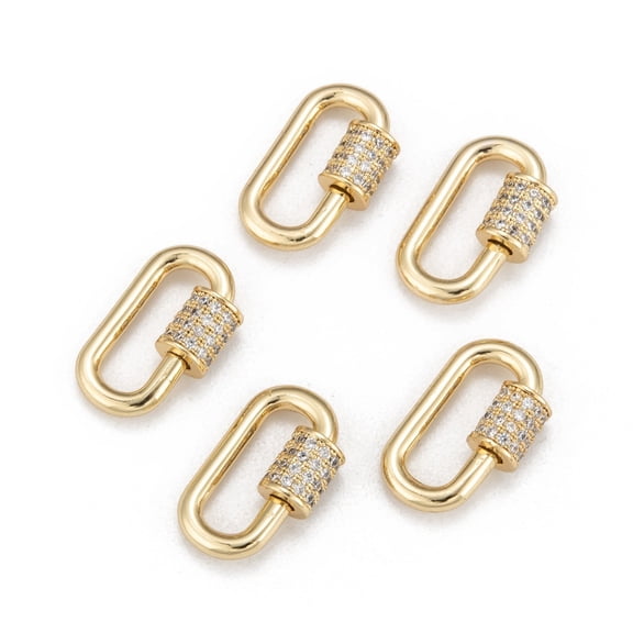 5pc Brass Micro Pave Cubic Zirconia Screw Carabiner Lock Charms for Necklaces Making Quick Links Long-Lasting Plated Oval Clear Real 18K Gold Plated 17.1x10.5x2mm